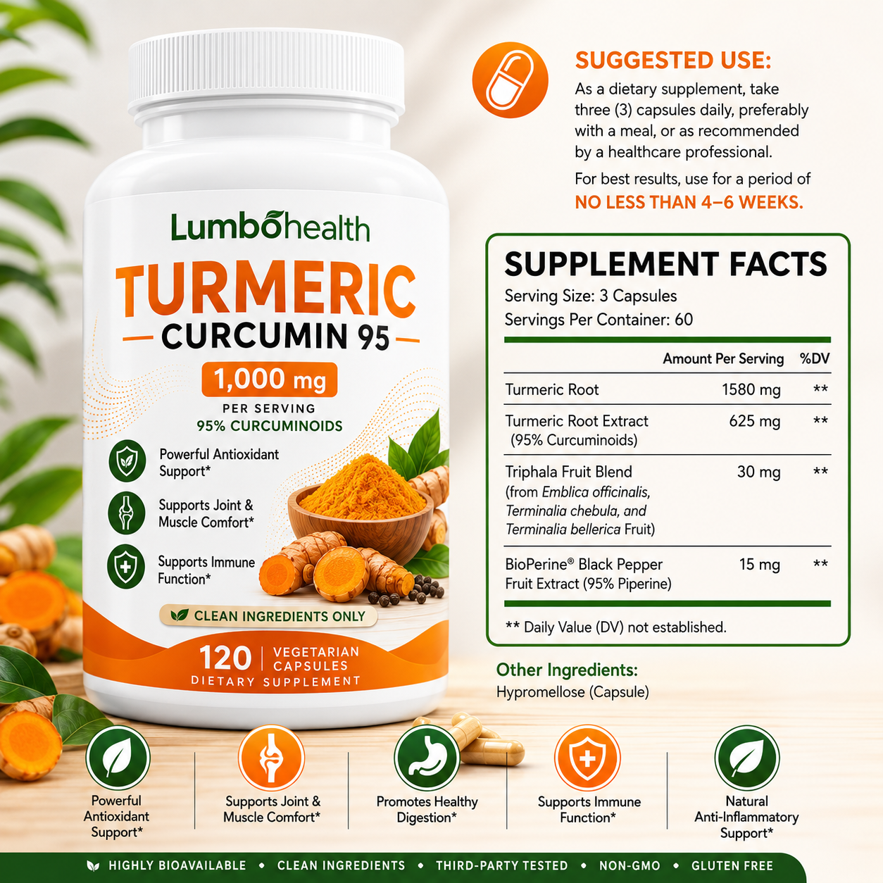 Lumbohealth™ Turmeric Curcumin Capsules for Joint Mobility | Black Pepper Enhanced